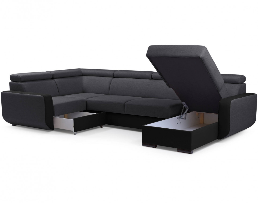 Dustin - Canapé d'angle réversible panoramique en U - 7 places - Convertible avec coffres - Têtières réglables