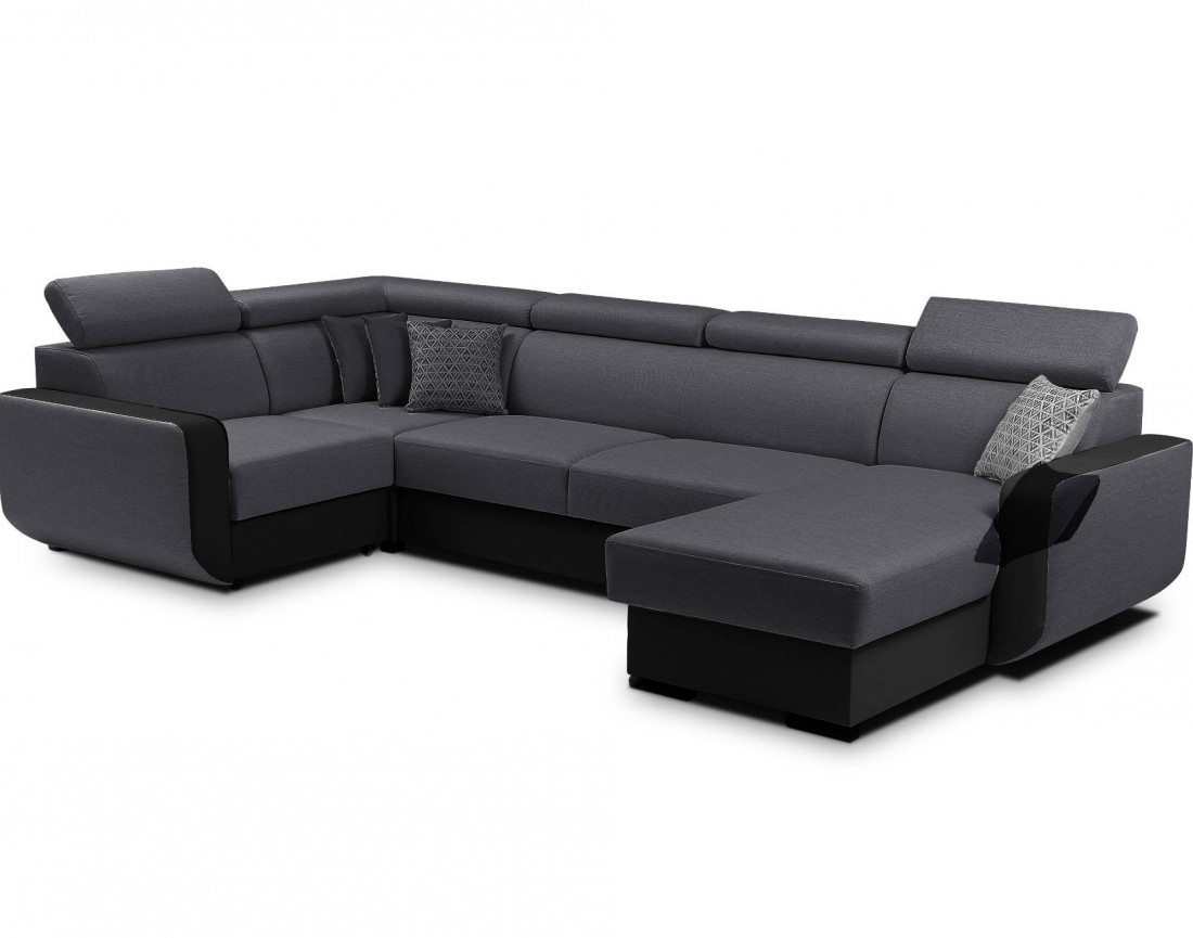 Dustin - Canapé d'angle réversible panoramique en U - 7 places - Convertible avec coffres - Têtières réglables