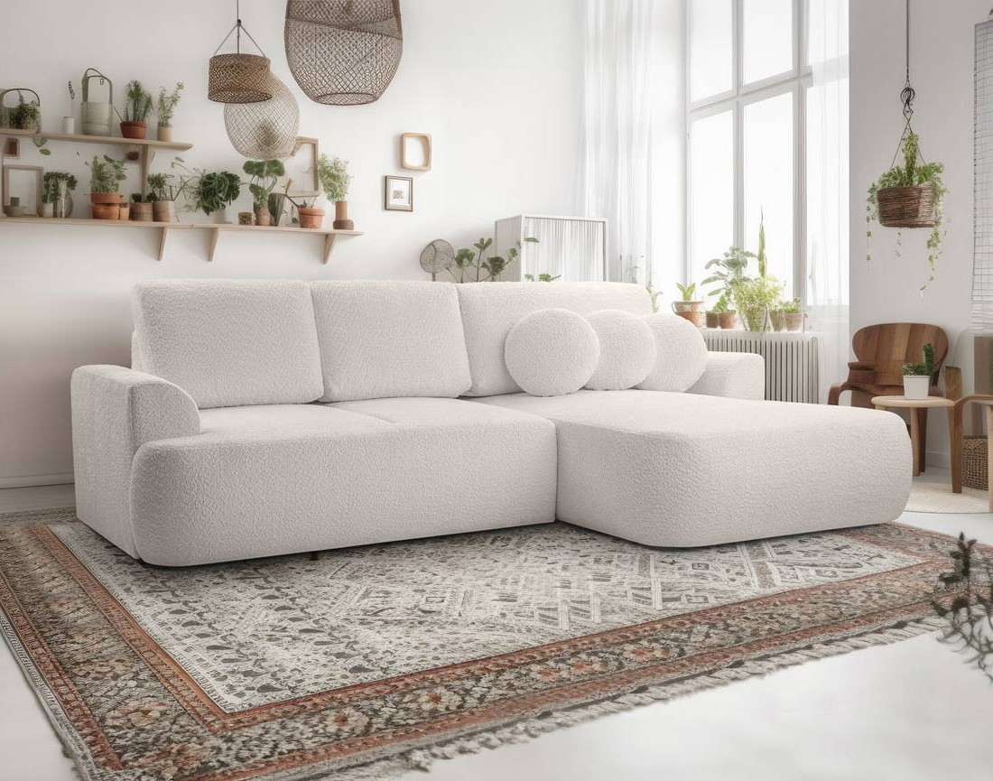 Canapé d'angle droit 4 places convertible en tissu bouclette Candela