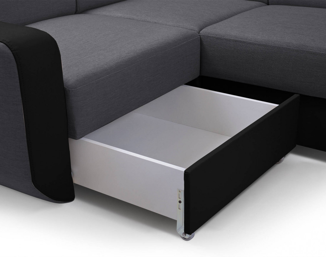 Dustin - Canapé d'angle réversible panoramique en U - 7 places - Convertible avec coffres - Têtières réglables