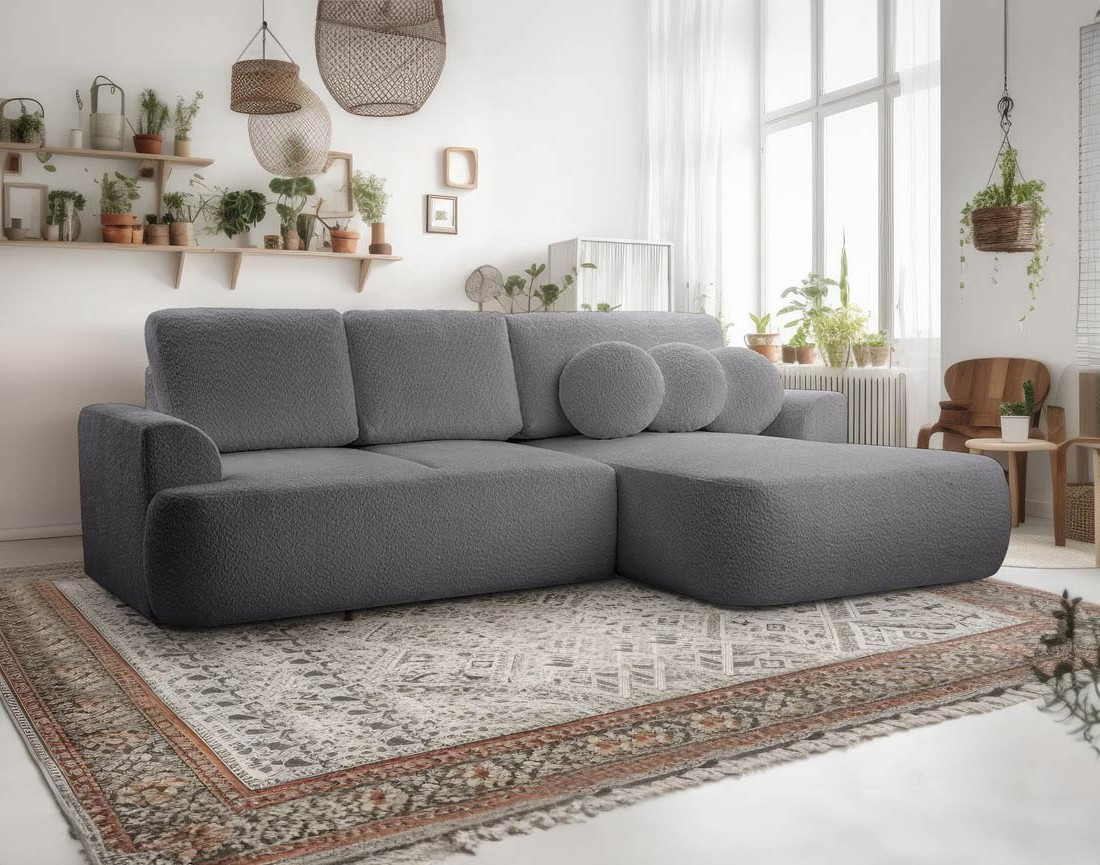 Canapé d'angle droit 4 places convertible en tissu bouclette Candela