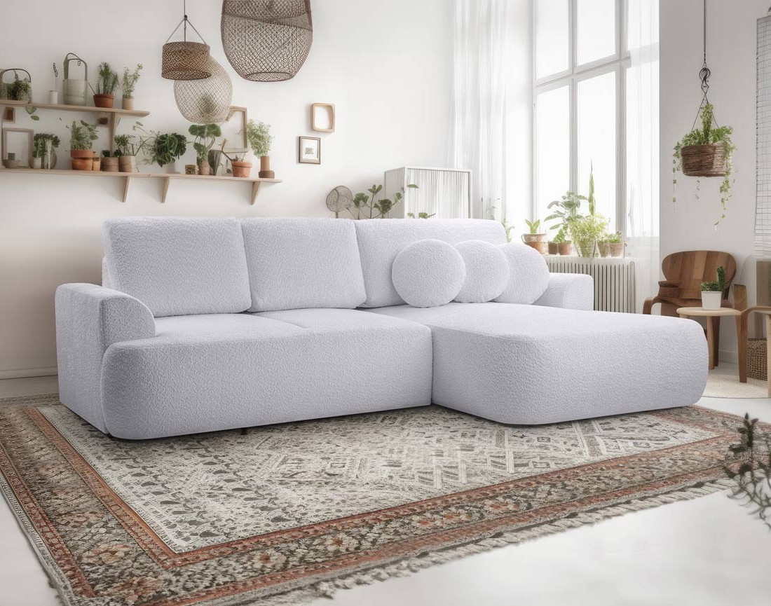 Canapé d'angle droit 4 places convertible en tissu bouclette Candela