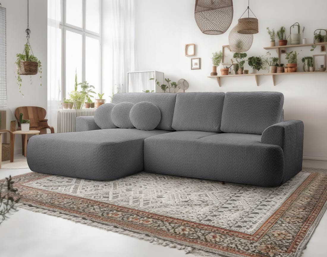 Canapé d'angle gauche 4 places convertible en tissu bouclette Candela