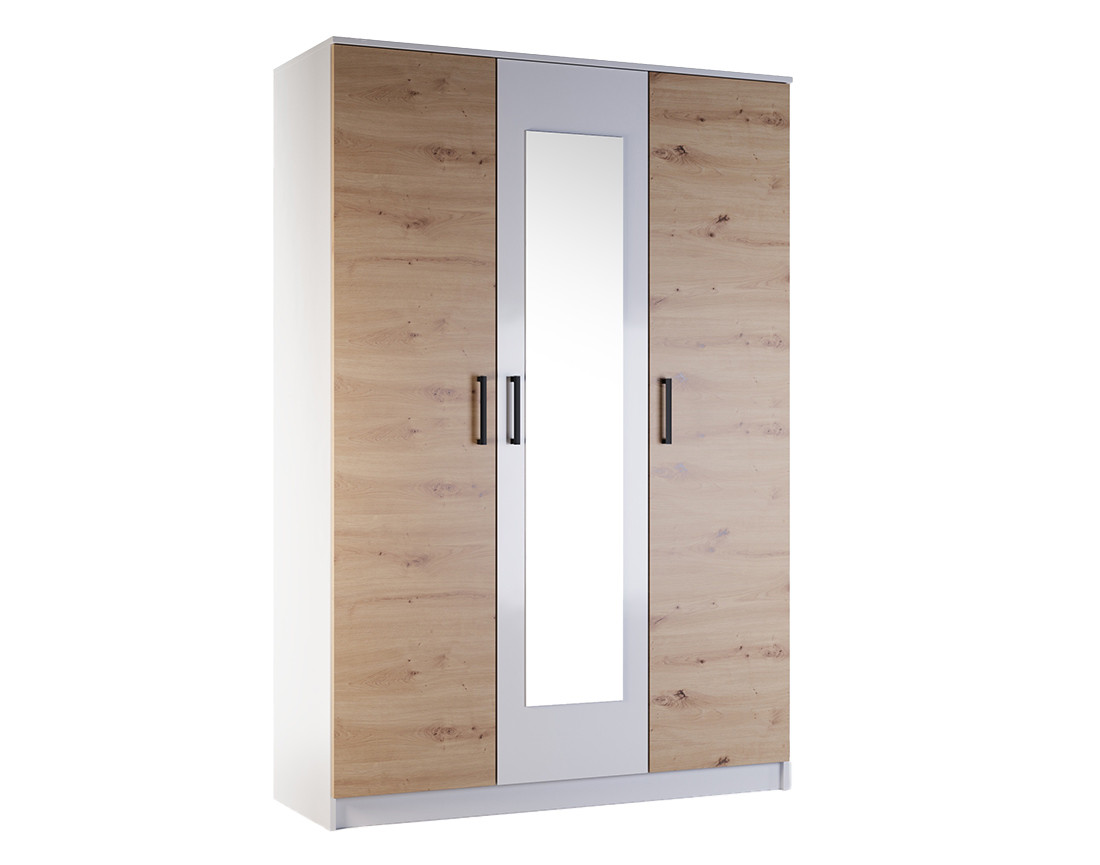 Chambre complète bois et blanc lit, armoire, chevets, commode Hayato