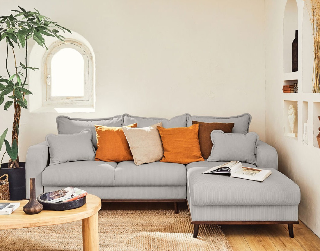 Canapé d'angle droit 4 places convertible avec coffre en velours côtelé Albane