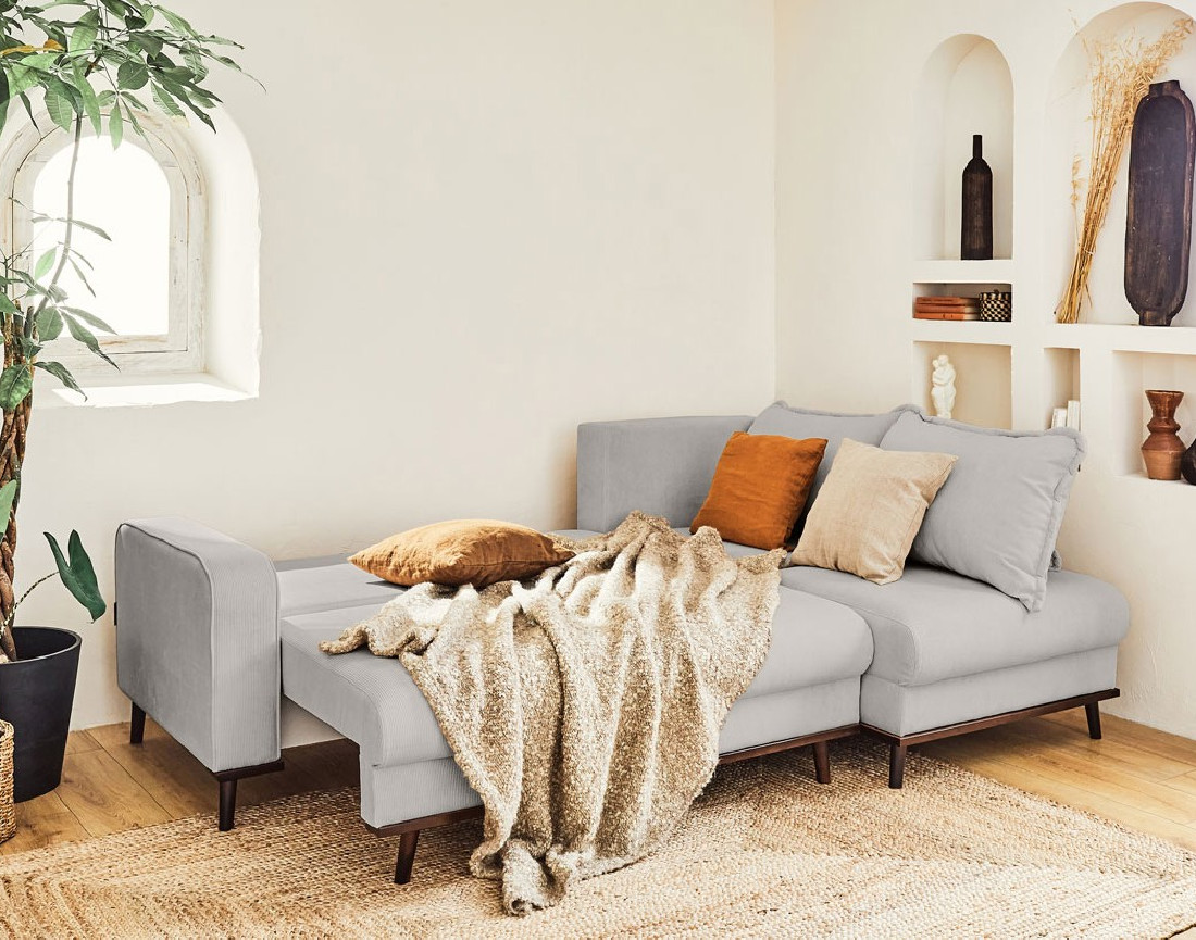 Canapé d'angle droit 4 places convertible avec coffre en velours côtelé Albane