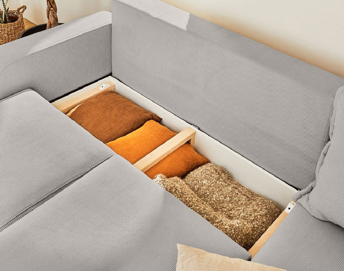 Canapé d'angle droit 4 places convertible avec coffre en velours côtelé Albane