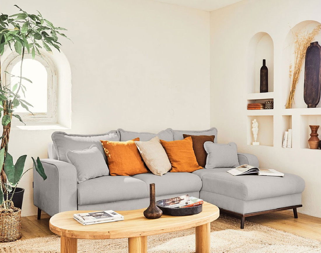 Canapé d'angle droit 4 places convertible avec coffre en velours côtelé Albane