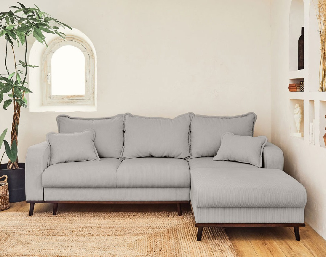 Canapé d'angle droit 4 places convertible avec coffre en velours côtelé Albane