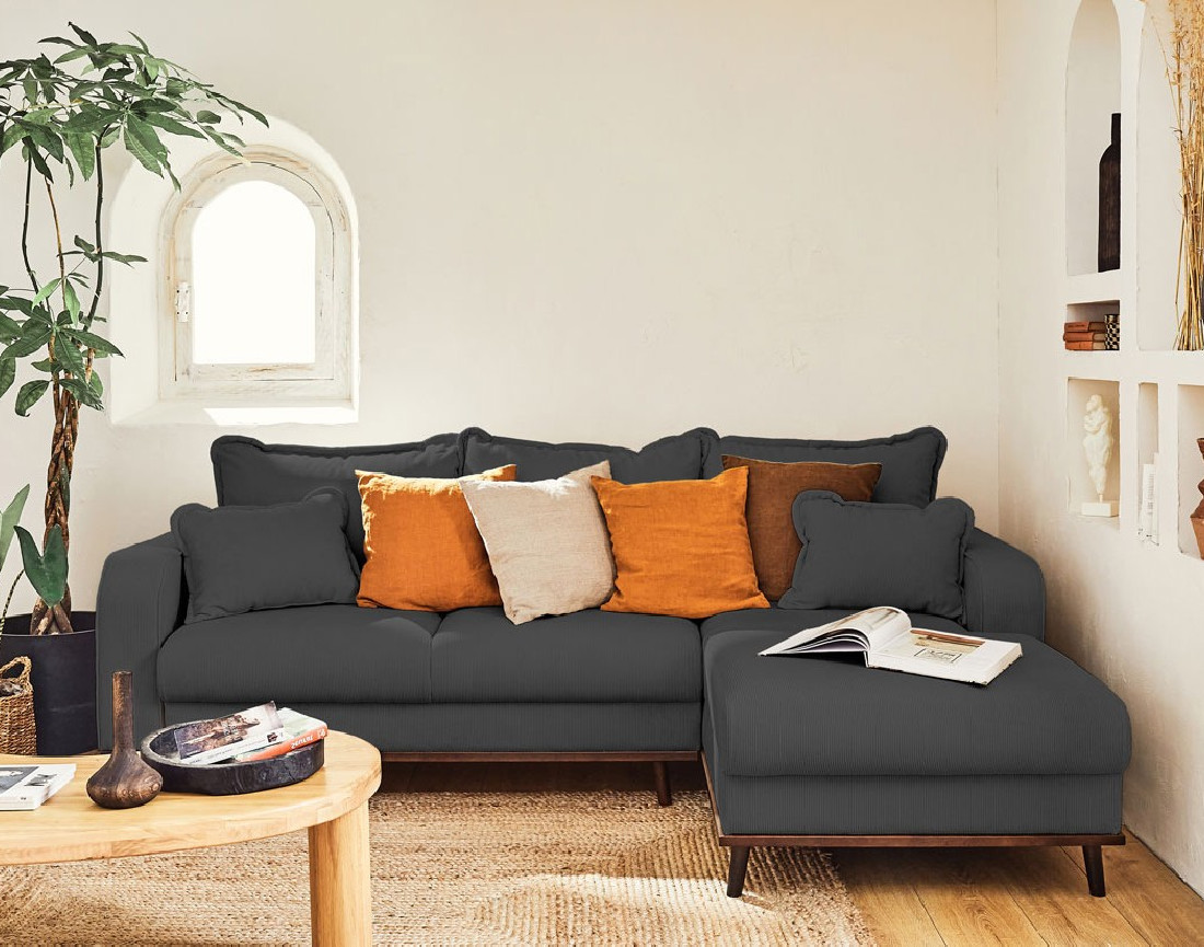 Canapé d'angle droit 4 places convertible avec coffre en velours côtelé Albane