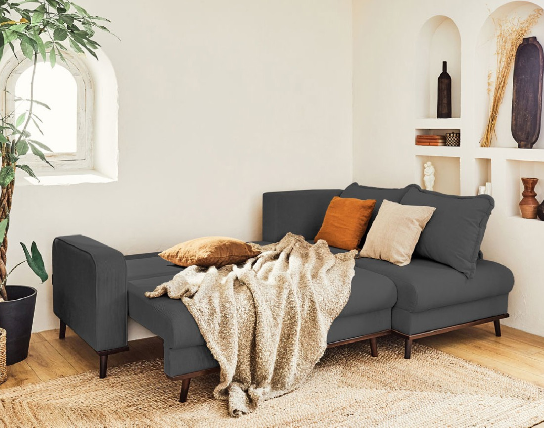 Canapé d'angle droit 4 places convertible avec coffre en velours côtelé Albane