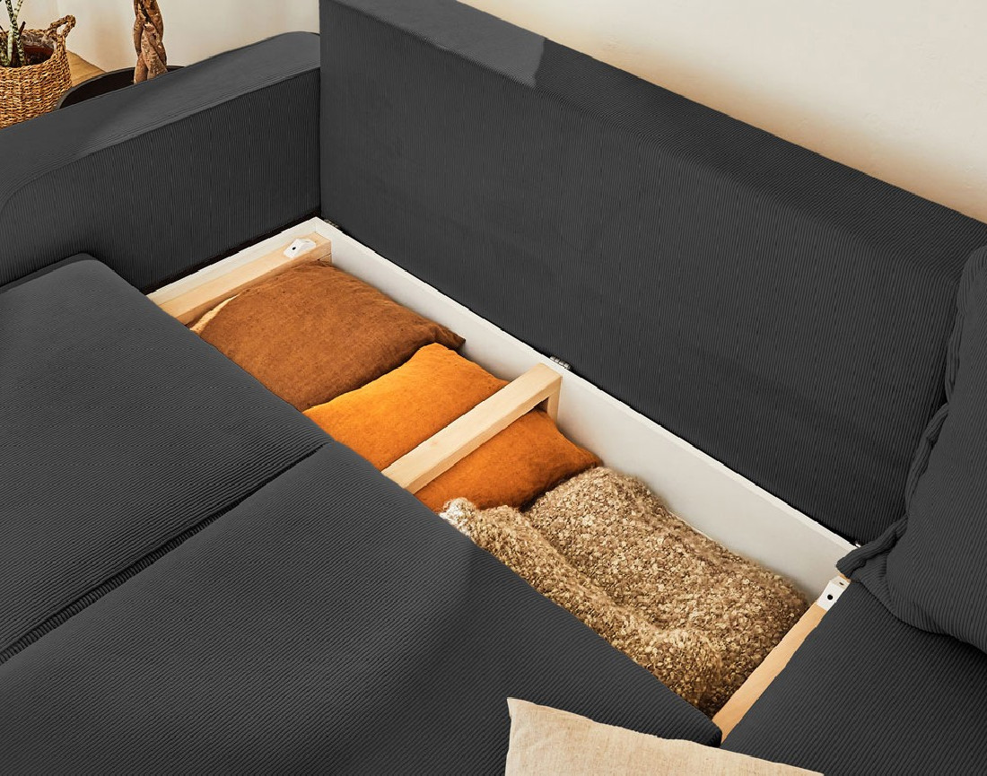 Canapé d'angle droit 4 places convertible avec coffre en velours côtelé Albane