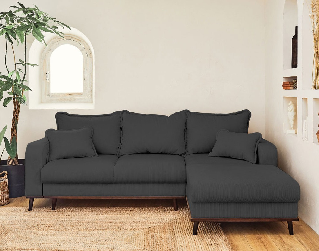 Canapé d'angle droit 4 places convertible avec coffre en velours côtelé Albane