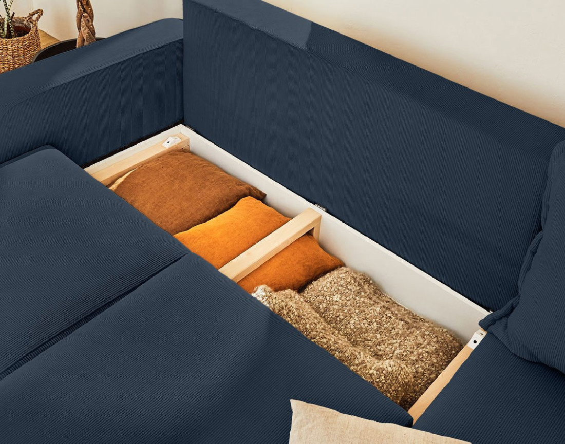 Canapé d'angle droit 4 places convertible avec coffre en velours côtelé Albane