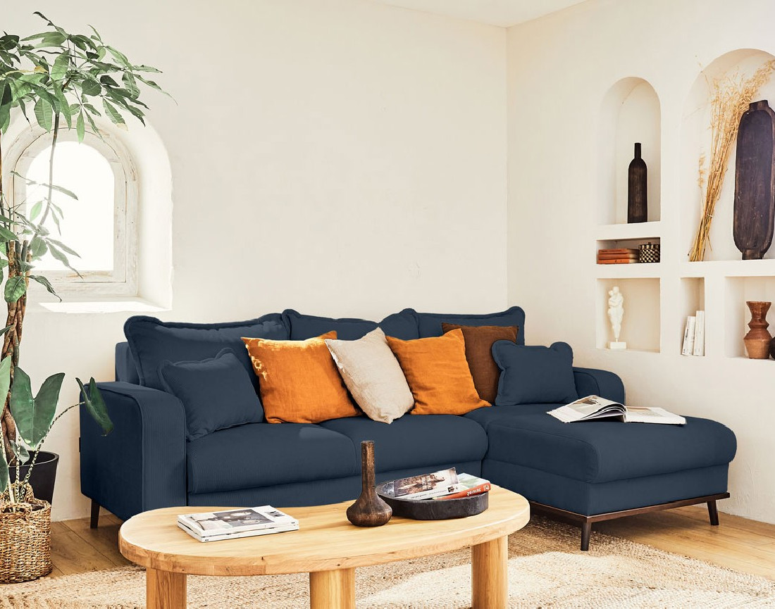 Canapé d'angle droit 4 places convertible avec coffre en velours côtelé Albane