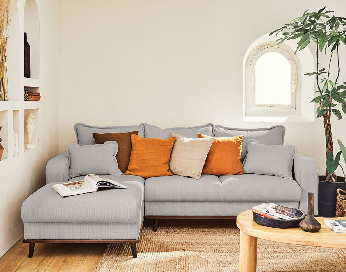 Canapé d'angle gauche 4 places convertible avec coffre en velours côtelé Albane