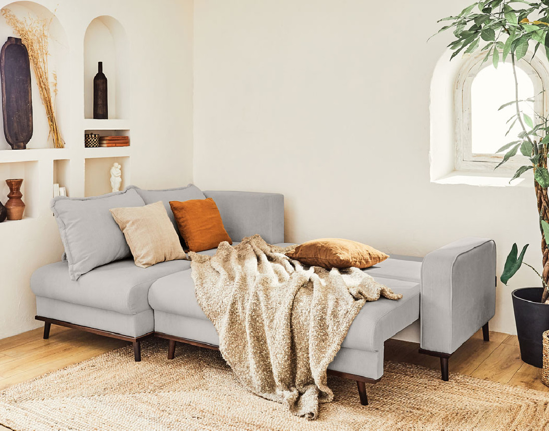 Canapé d'angle gauche 4 places convertible avec coffre en velours côtelé Albane