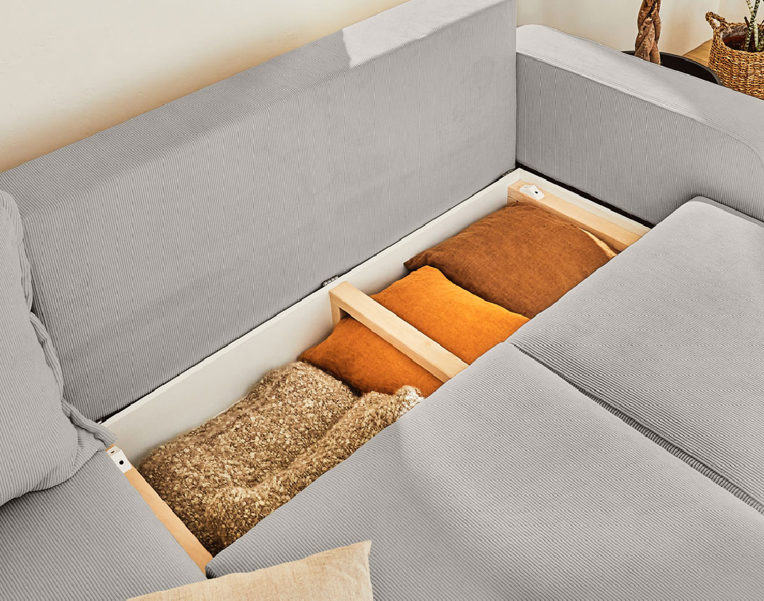 Canapé d'angle gauche 4 places convertible avec coffre en velours côtelé Albane