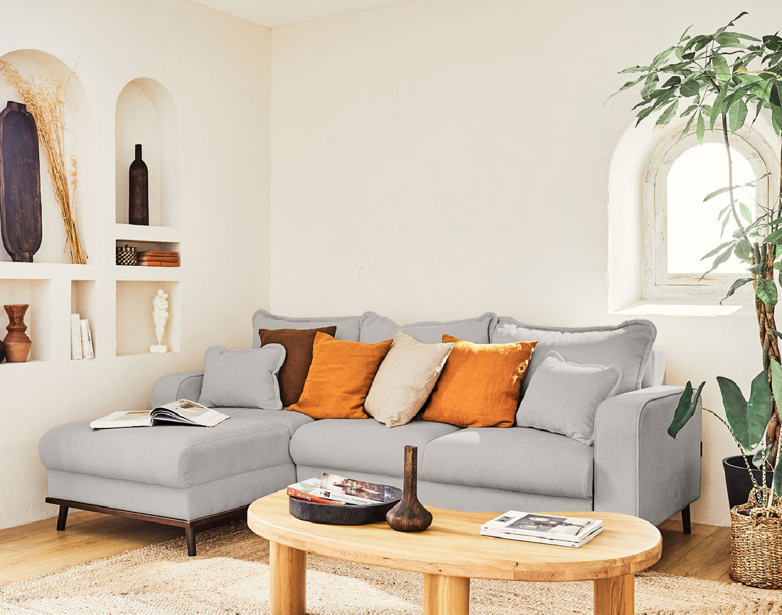 Canapé d'angle gauche 4 places convertible avec coffre en velours côtelé Albane