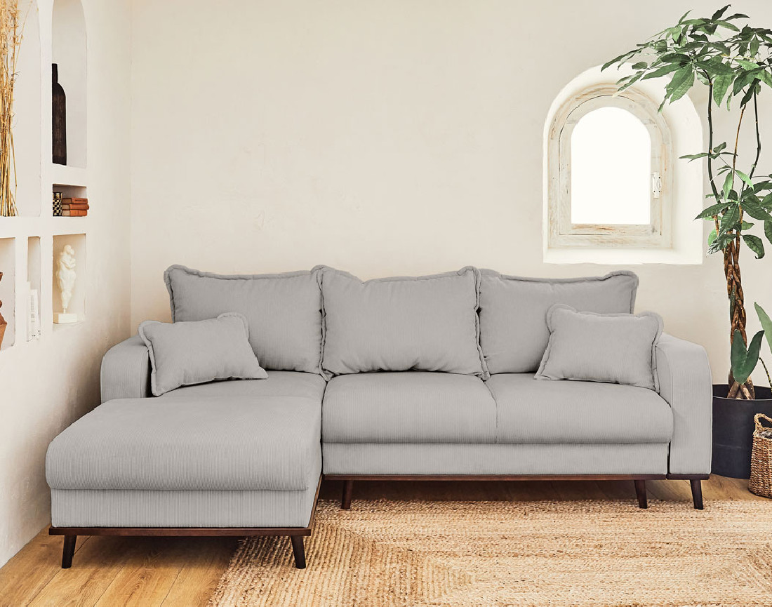 Canapé d'angle gauche 4 places convertible avec coffre en velours côtelé Albane