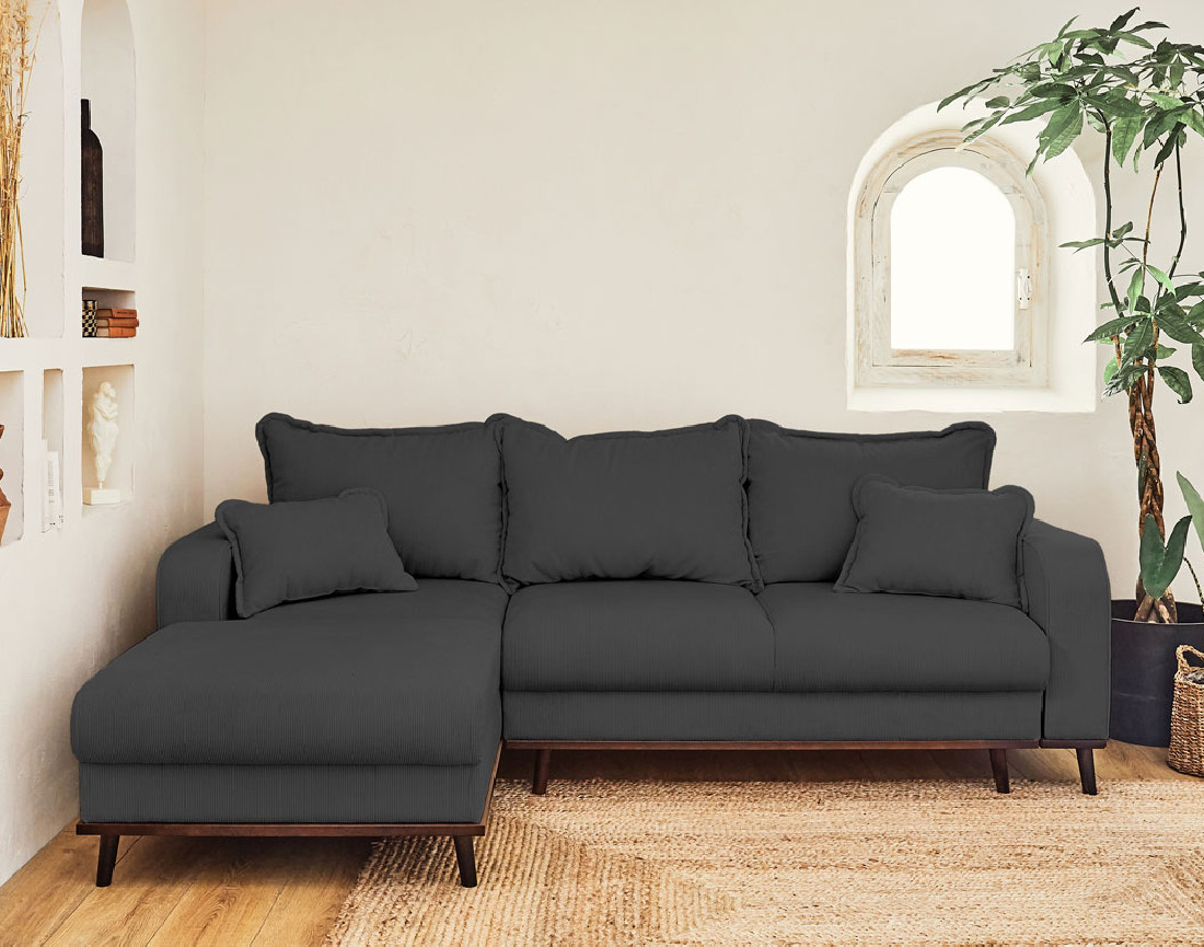 Canapé d'angle gauche 4 places convertible avec coffre en velours côtelé Albane