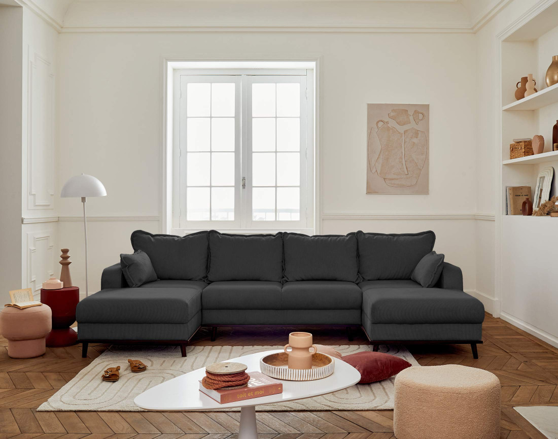 Canapé panoramique en U 7 places convertible avec coffre en velours côtelé Albane