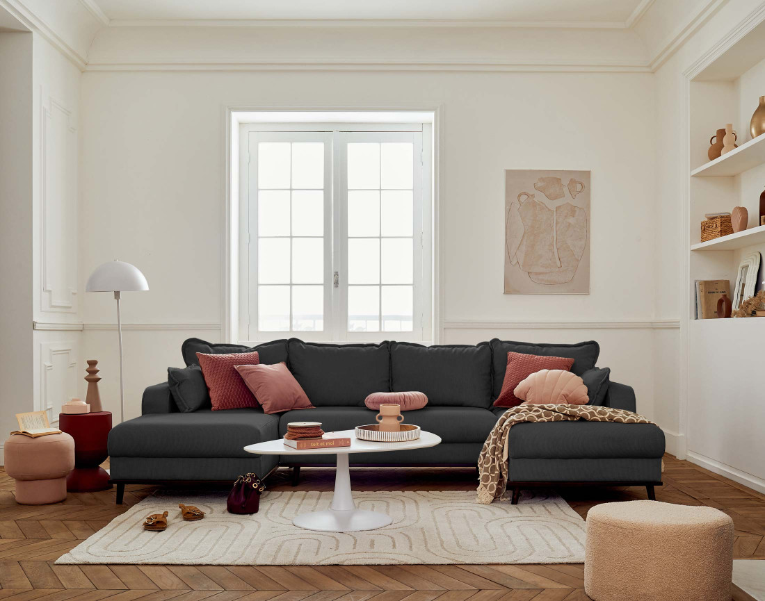 Canapé panoramique en U 7 places convertible avec coffre en velours côtelé Albane