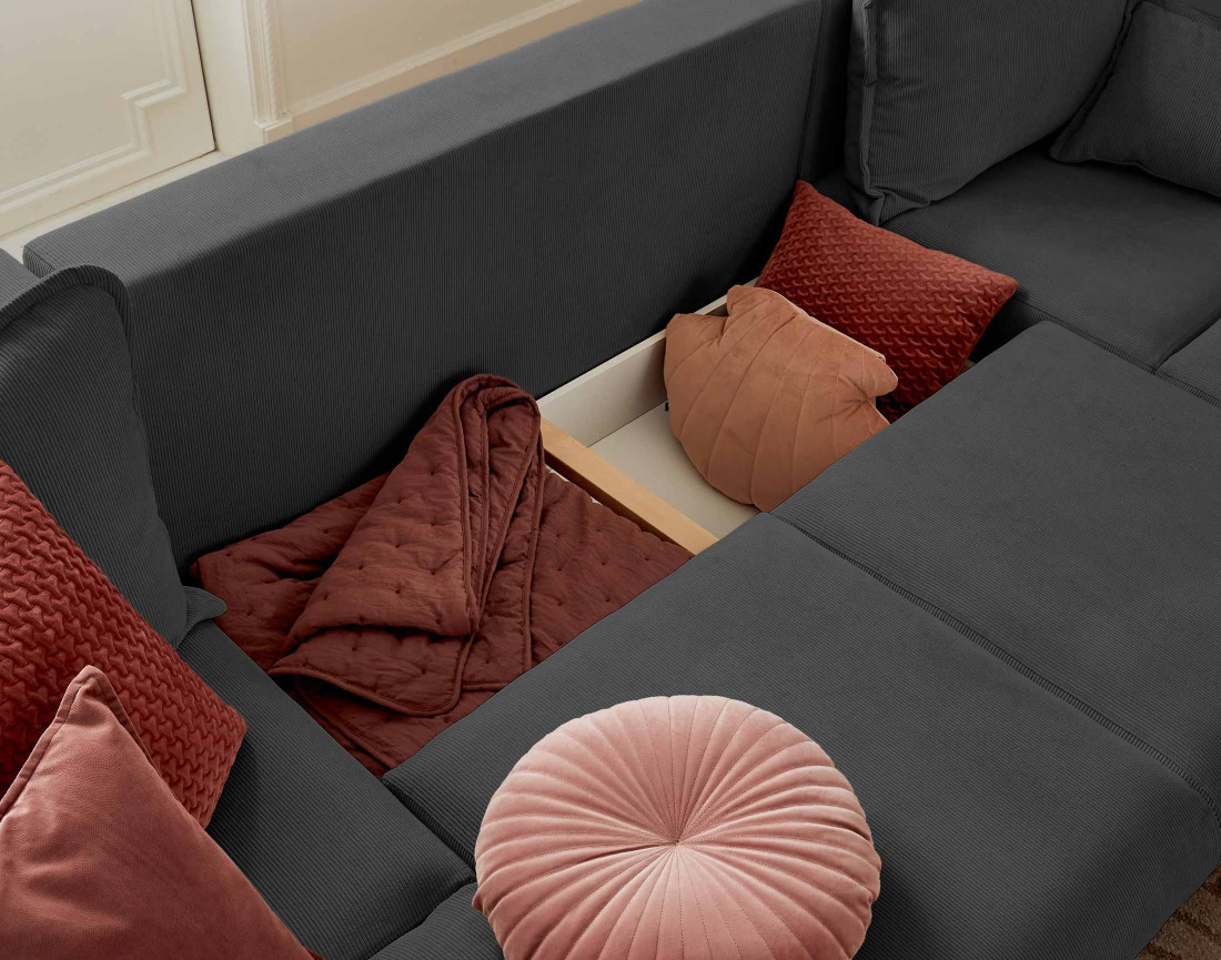 Canapé panoramique en U 7 places convertible avec coffre en velours côtelé Albane