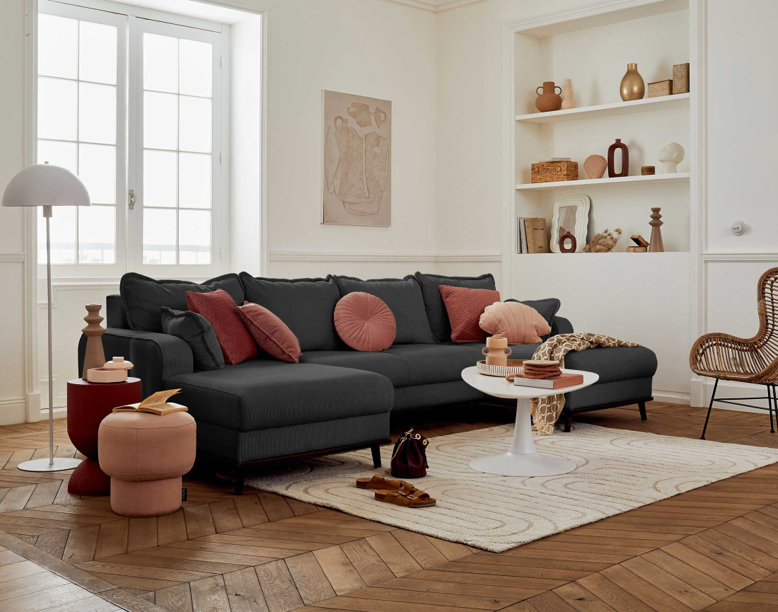 Canapé panoramique en U 7 places convertible avec coffre en velours côtelé Albane