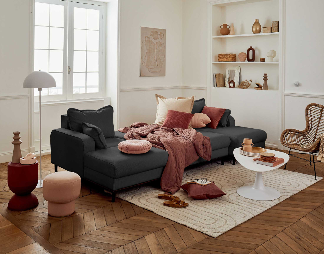 Canapé panoramique en U 7 places convertible avec coffre en velours côtelé Albane