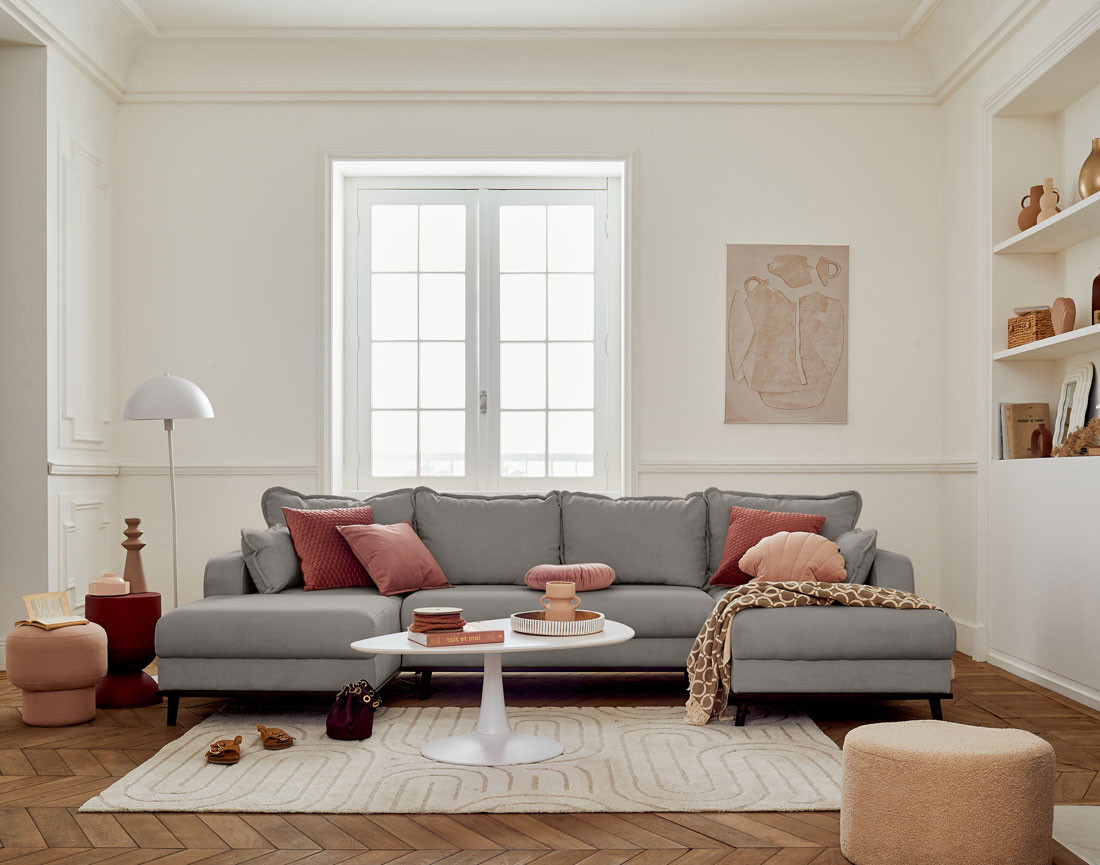 Canapé panoramique en U 7 places convertible avec coffre en velours côtelé Albane