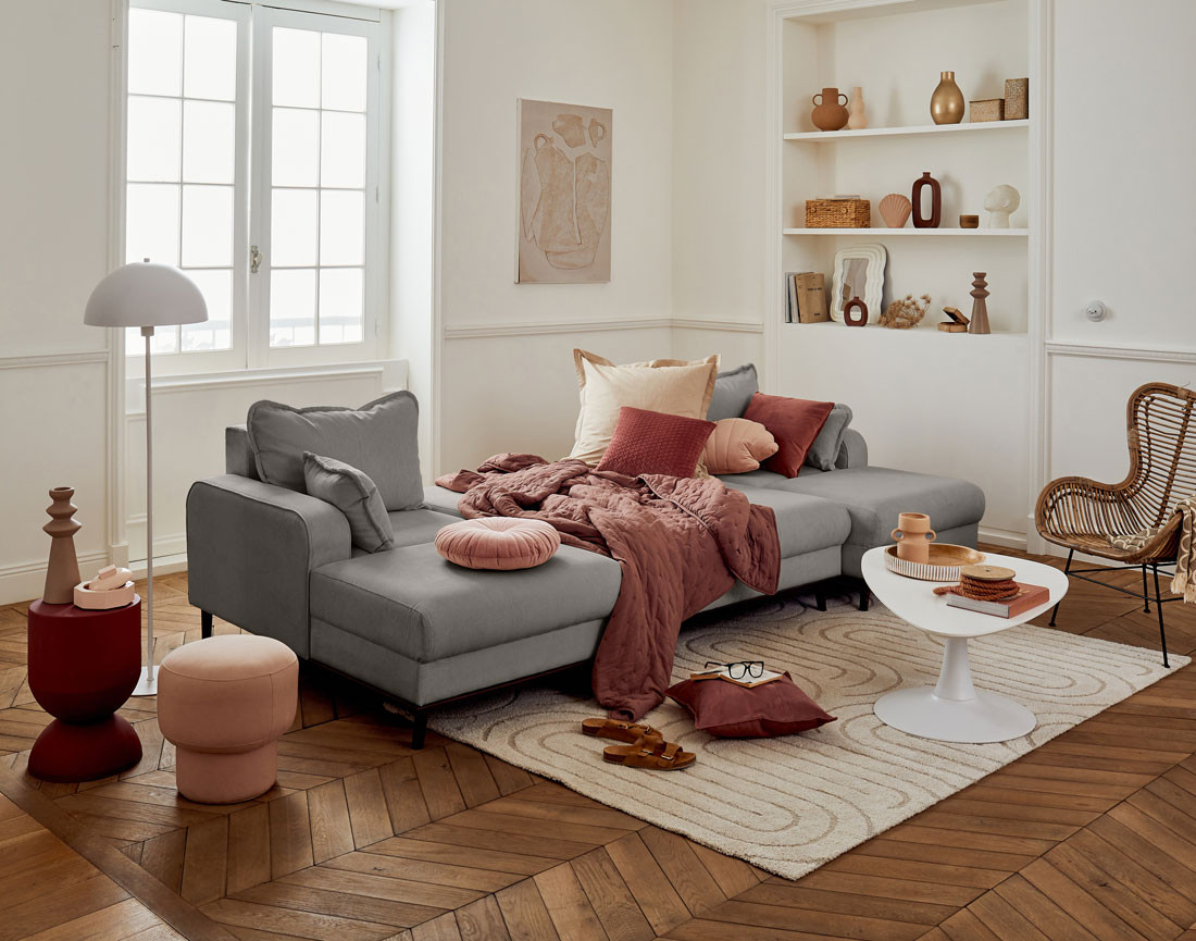 Canapé panoramique en U 7 places convertible avec coffre en velours côtelé Albane