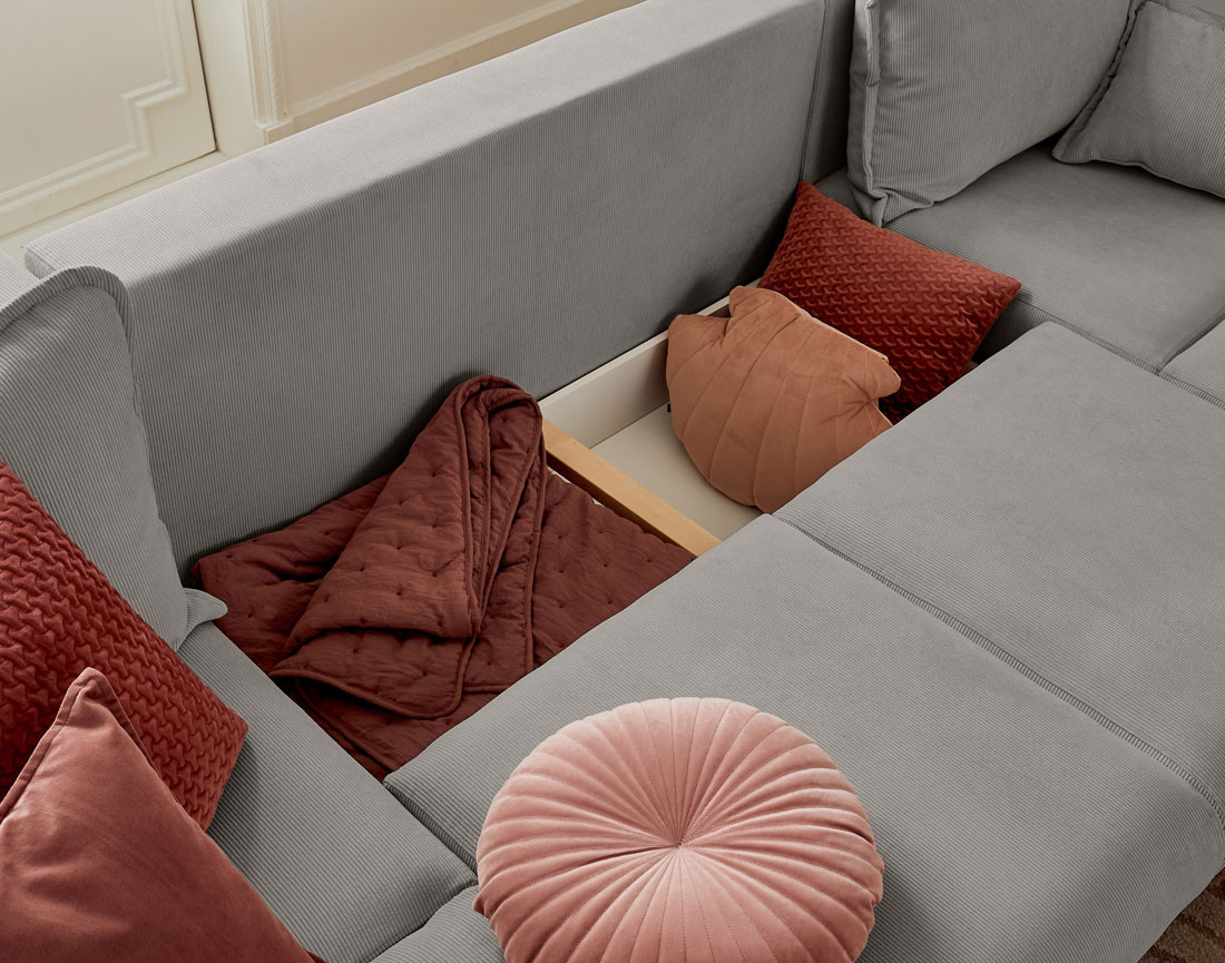 Canapé panoramique en U 7 places convertible avec coffre en velours côtelé Albane