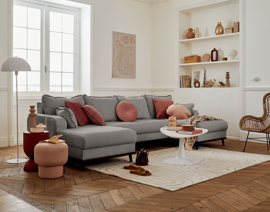 Canapé panoramique en U 7 places convertible avec coffre en velours côtelé Albane