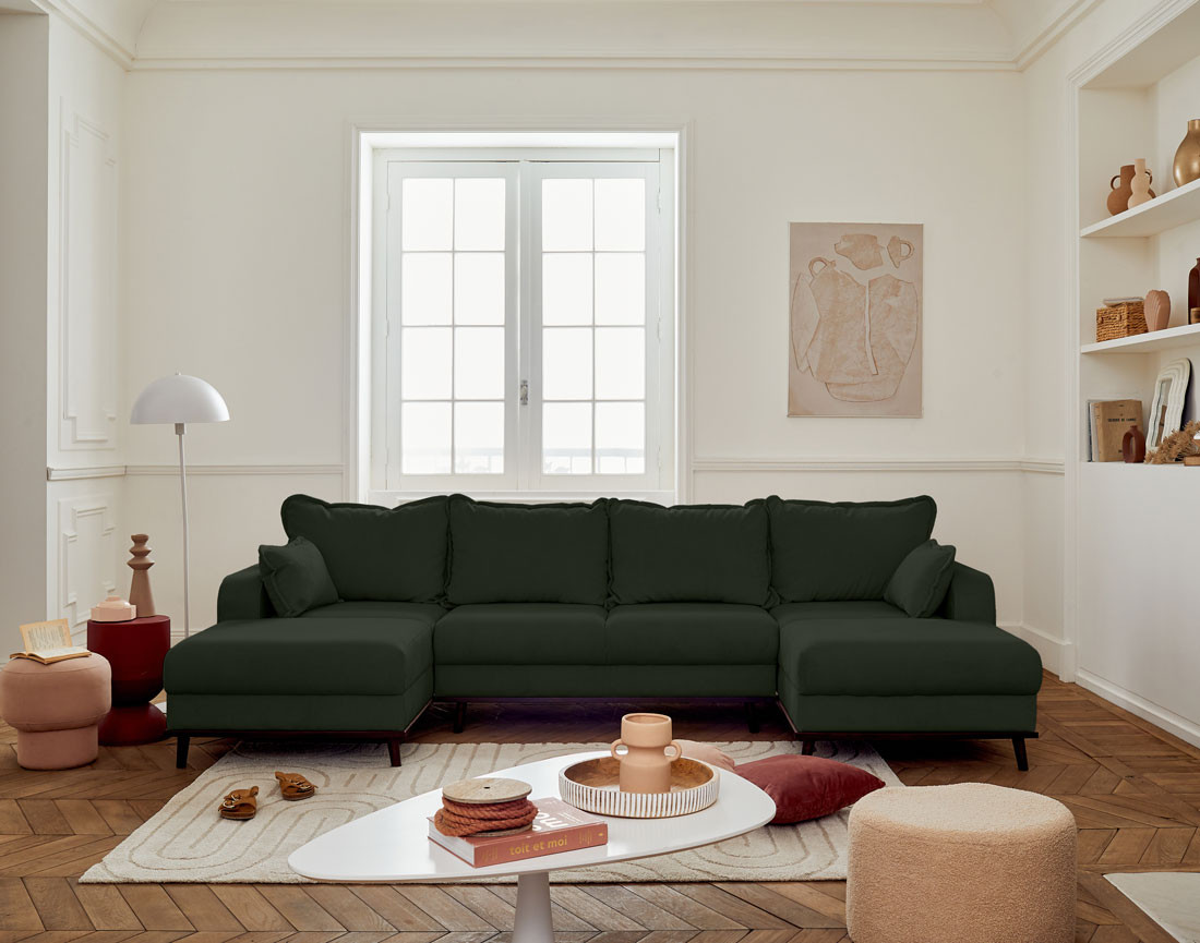 Canapé panoramique en U 7 places convertible avec coffre en velours côtelé Albane