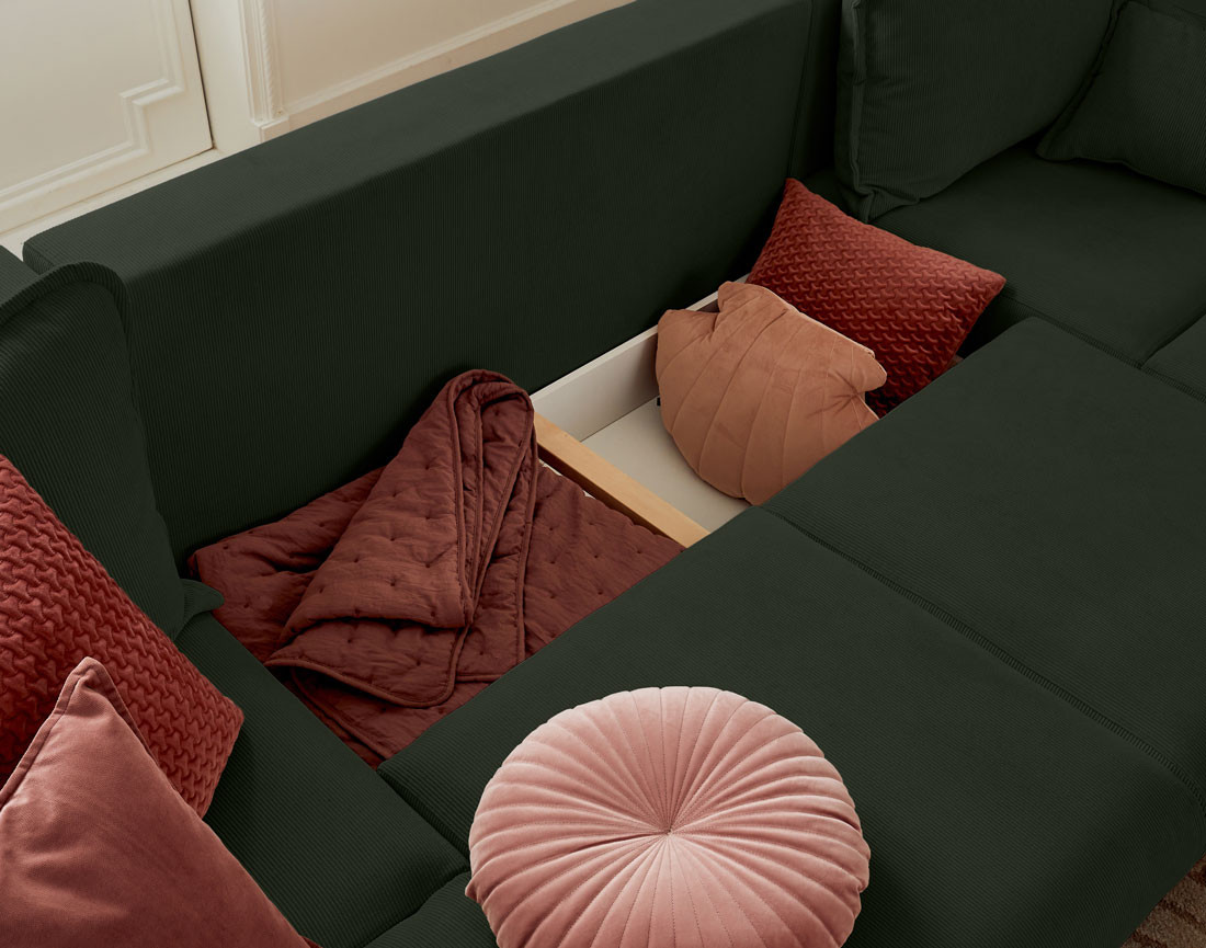 Canapé panoramique en U 7 places convertible avec coffre en velours côtelé Albane