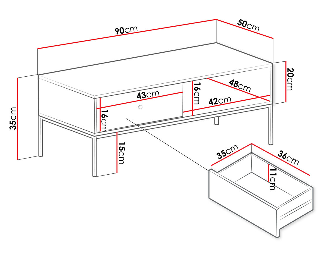 Table basse 1 tiroir et 1 niche 90 cm Filipo