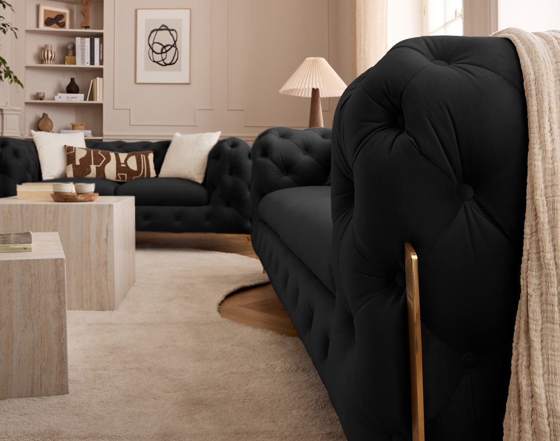 Canapé 3 places chesterfield en velours pieds en métal doré Camden