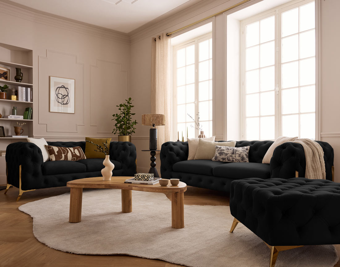 Pouf chesterfield en velours pieds en métal doré Camden