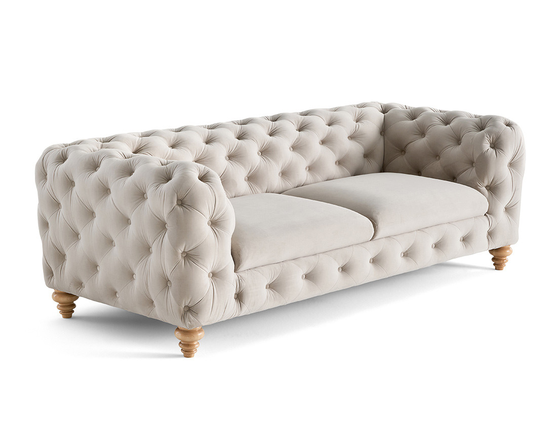 Canapé 3 places chesterfield en velours pieds bois Walter
