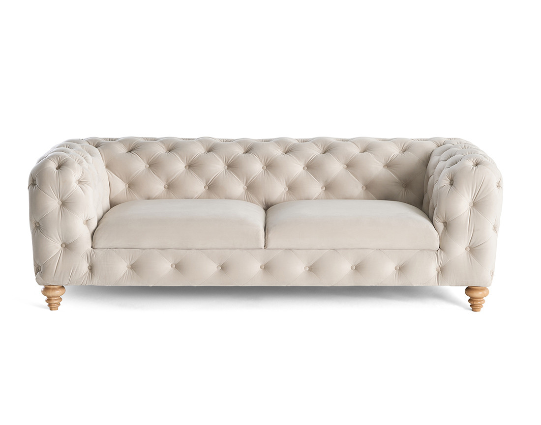 Canapé 3 places chesterfield en velours pieds bois Walter