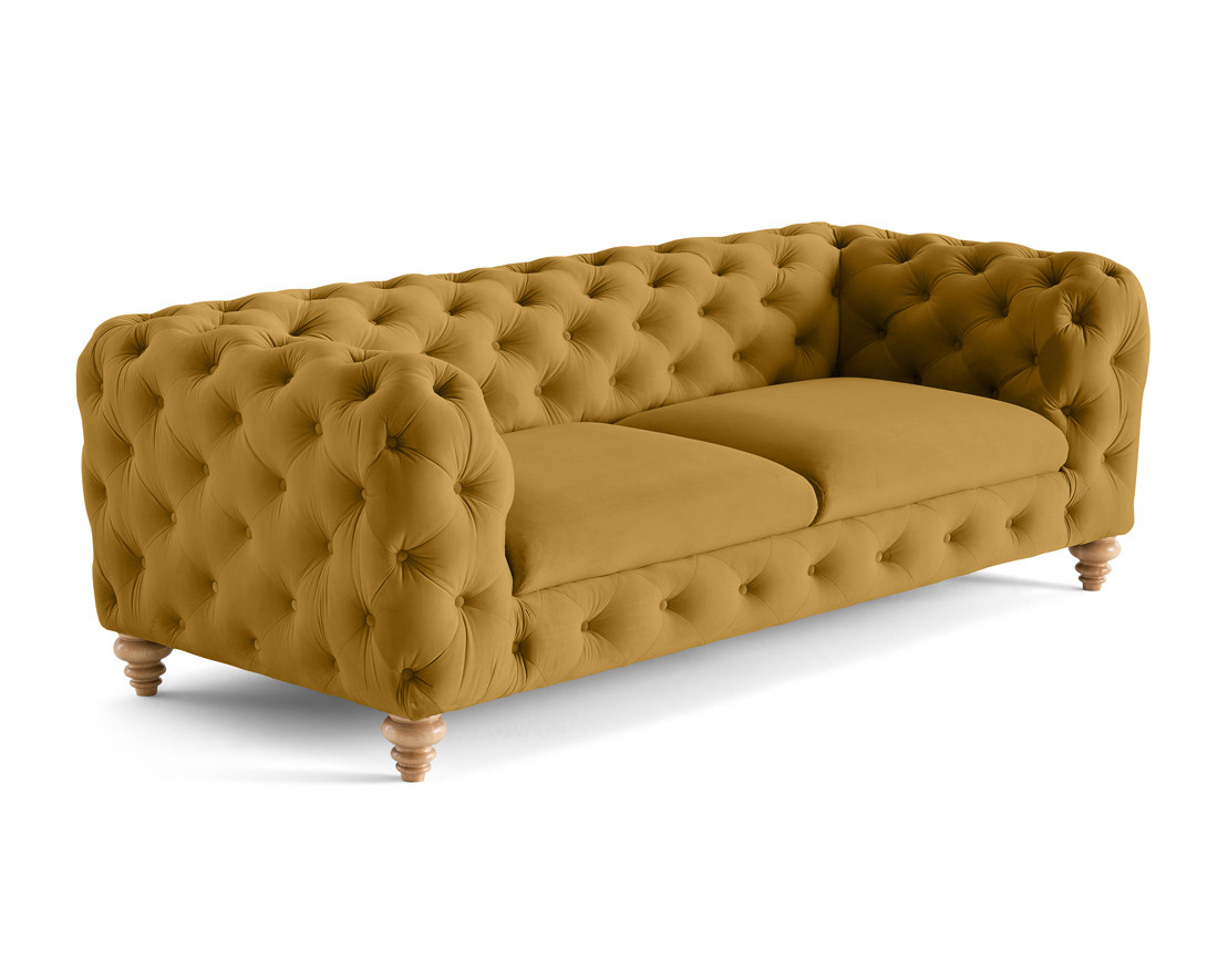 Canapé 3 places chesterfield en velours pieds bois Walter