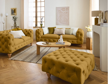 Canapé 3 places chesterfield en velours pieds bois Walter