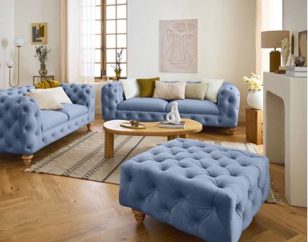 Canapé 3 places chesterfield en velours pieds bois Walter