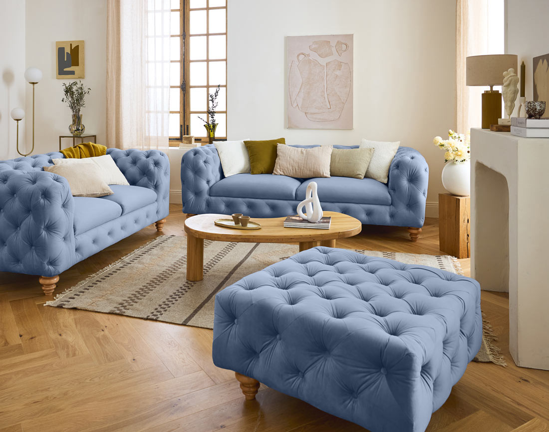 Canapé 3 places chesterfield en velours pieds bois Walter