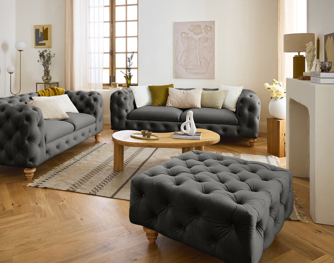 Canapé 3 places chesterfield en velours pieds bois Walter
