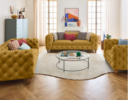 Canapé 2 places chesterfield en velours pieds bois Walter
