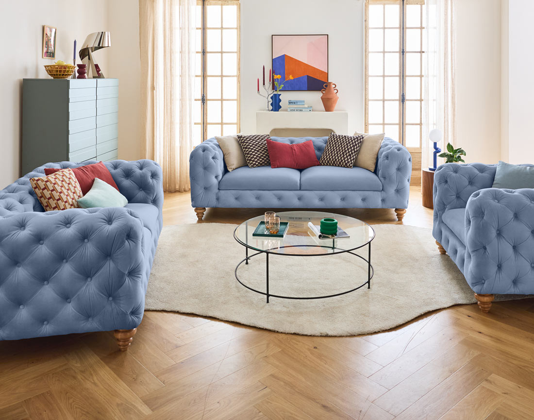 Canapé 2 places chesterfield en velours pieds bois Walter