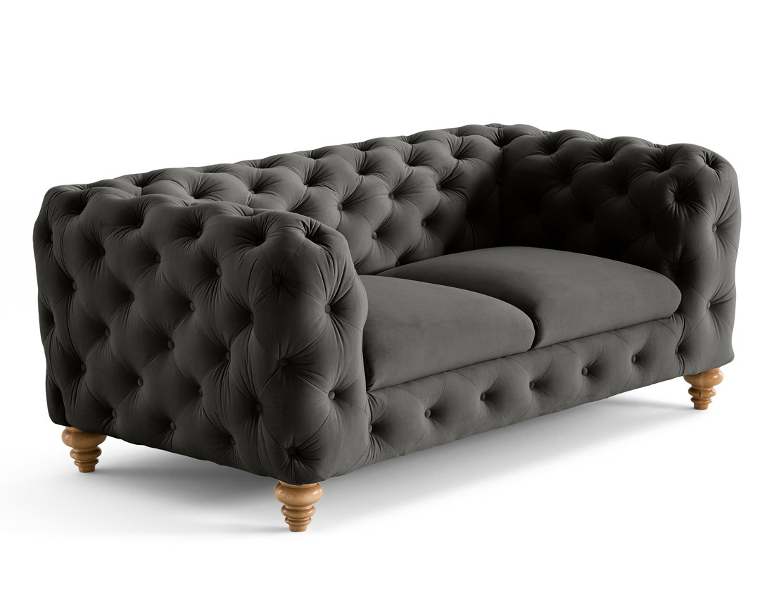 Canapé 2 places chesterfield en velours pieds bois Walter