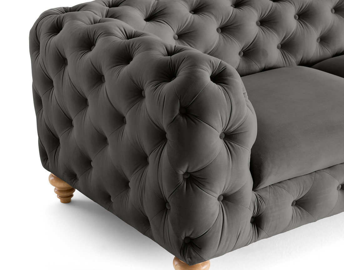 Canapé 2 places chesterfield en velours pieds bois Walter